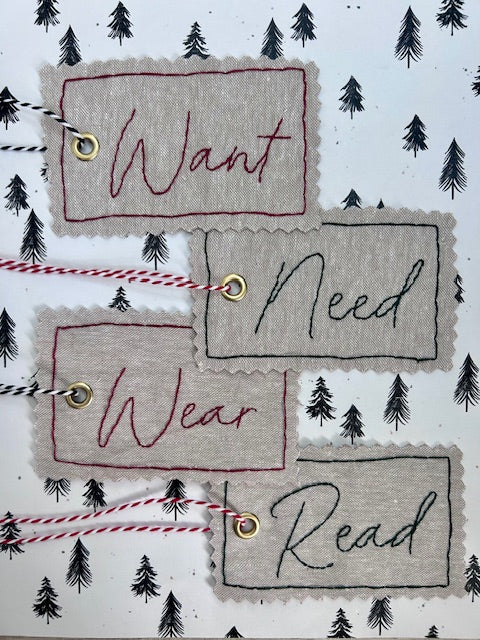 Want, Need, Wear, Read Christmas tags