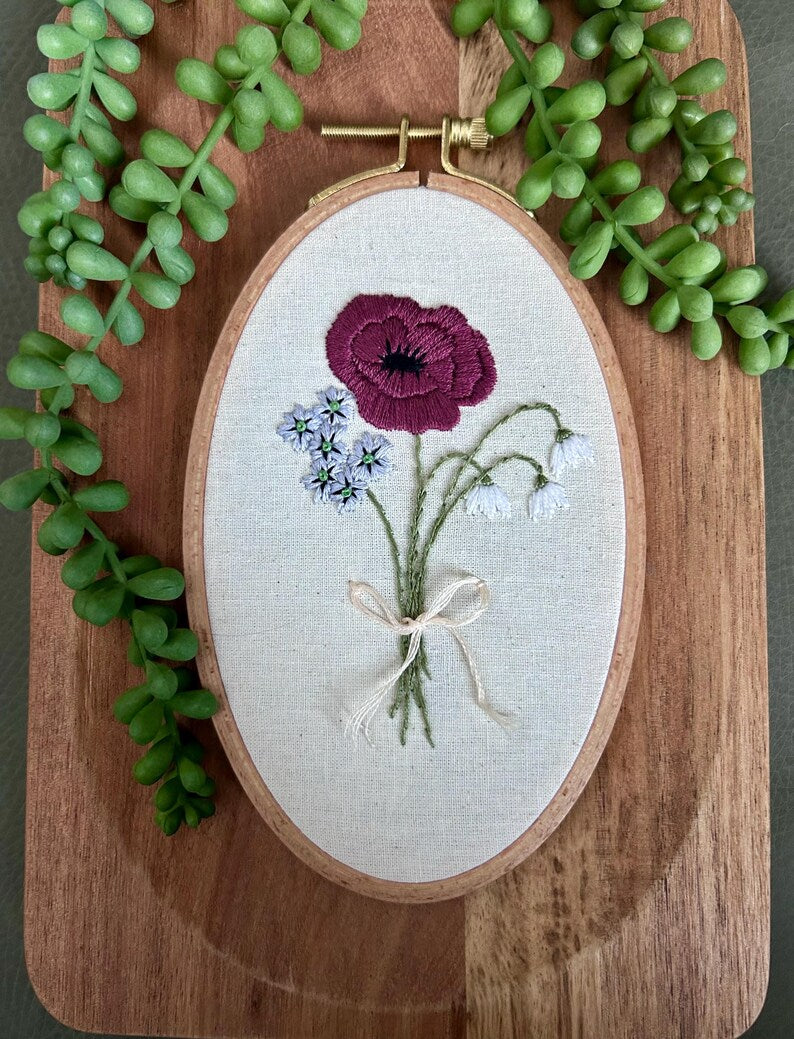 custom birth flower bouquet embroidery on hoop three flowers and a bow