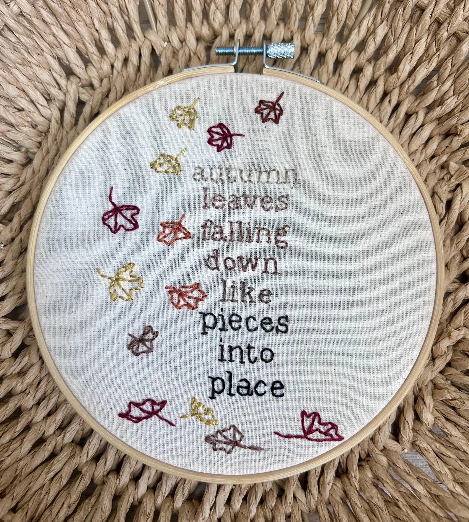 lyric from “All Too Well” by Taylor Swift embroidered on hoop