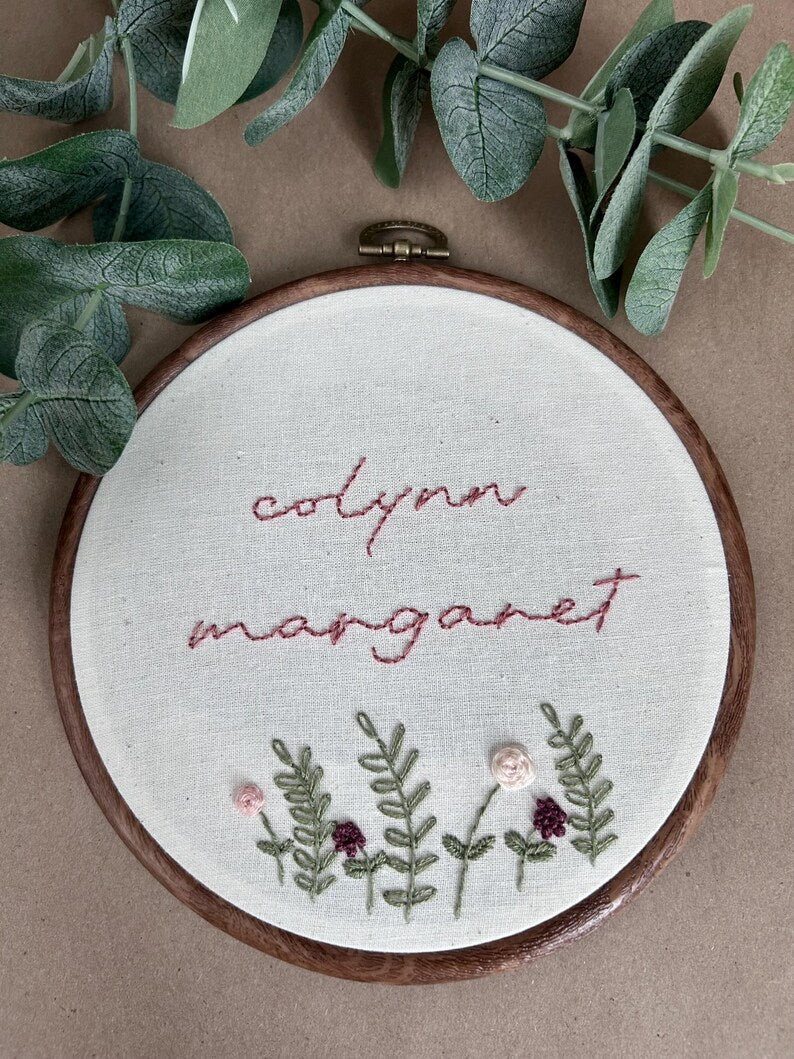 baby’s name with flowers embroidered hoop