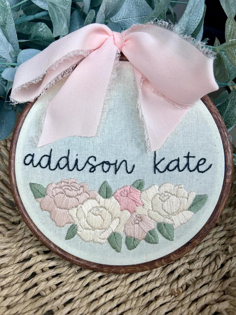 baby’s name with pink bow embroidery hoop