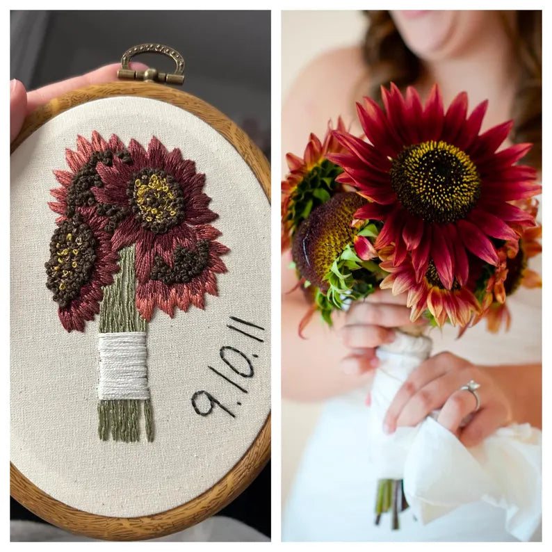 commemorative wedding embroidered hoop with red sunflowers