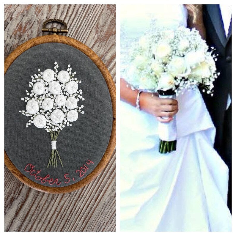 commemorative wedding embroidered hoop with white roses