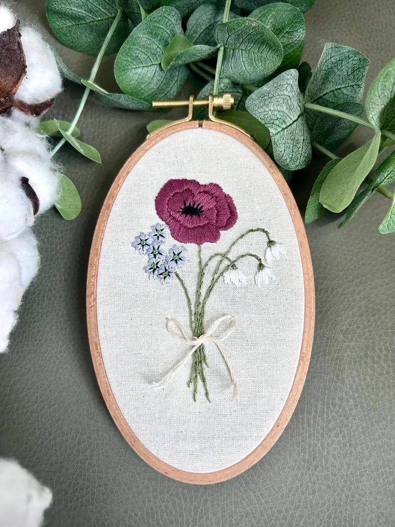custom birth flower bouquet embroidery on hoop with green leaves and cotton