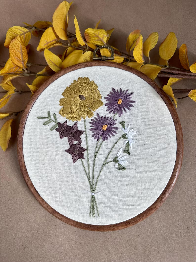 custom birth flower bouquet embroidered on hoop with yellow leaves