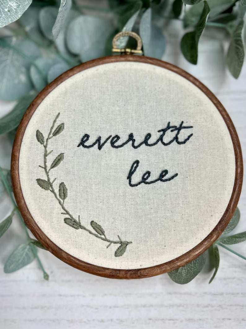 baby’s name with leaves embroidered hoop