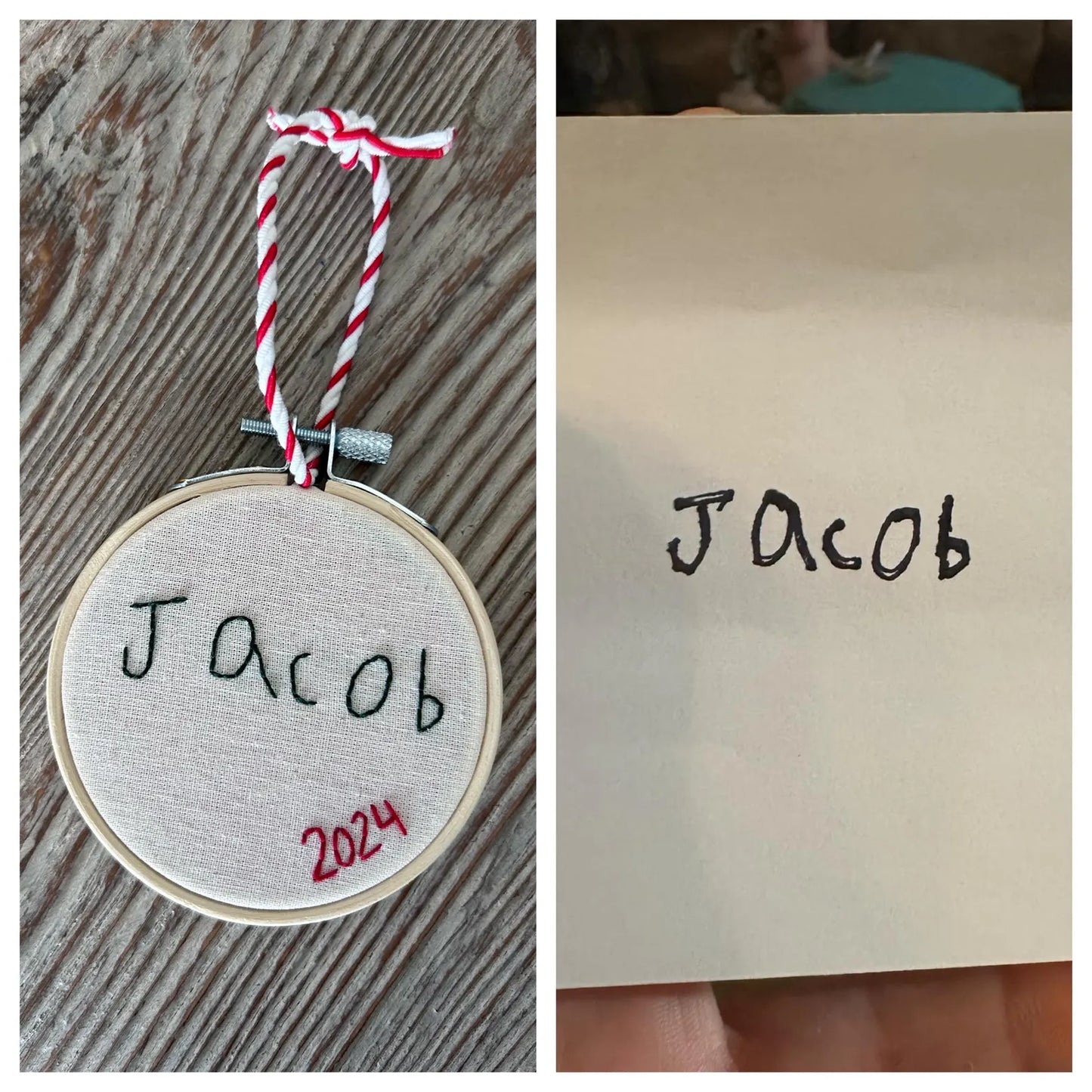 Jacob child’s handwritten name custom embroidered ornament with red and white string