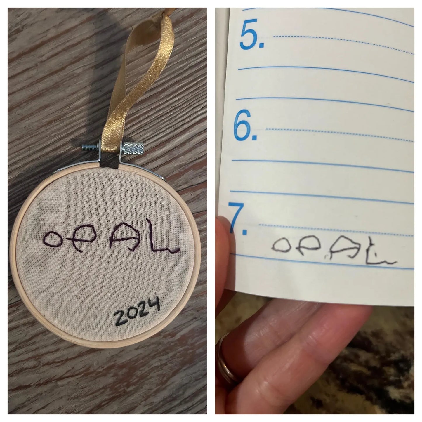 child’s handwritten name custom embroidered ornament next to child's handwriting