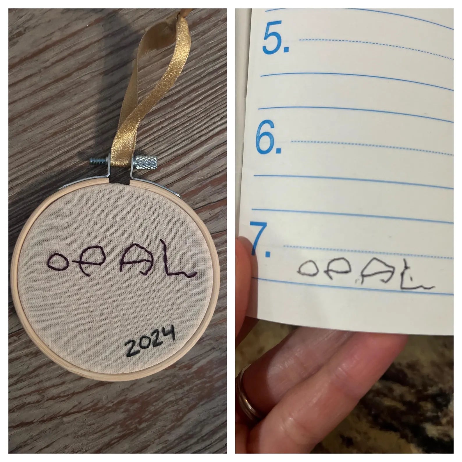 child’s handwritten name custom embroidered ornament next to child's handwriting
